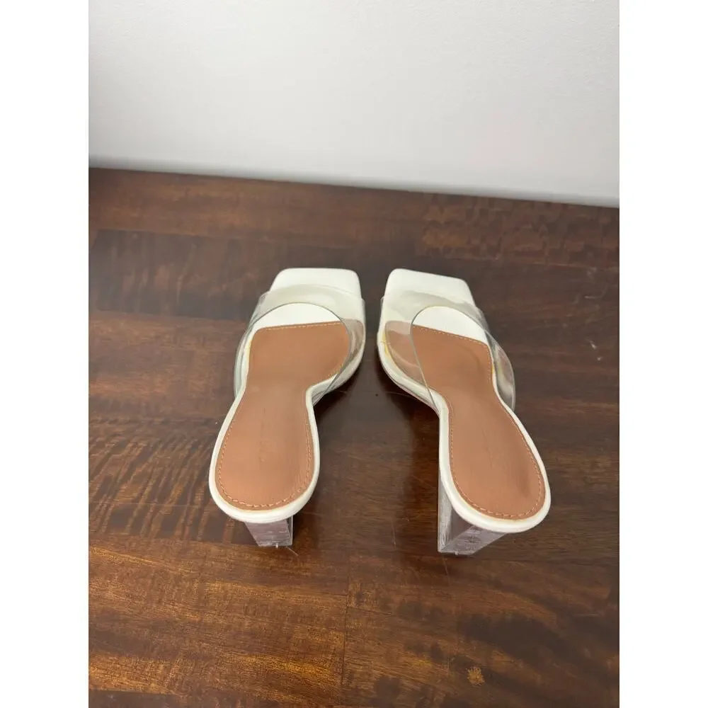 Fashion to Figure X Gabrielle Union Clear & White Wedge Heel Mules Size 6 NIB